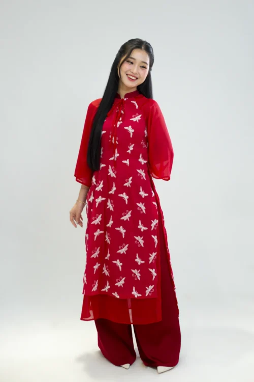 Áo Dài Đỏ Đô Bướm – 24ADLT3011-BURGUNDY