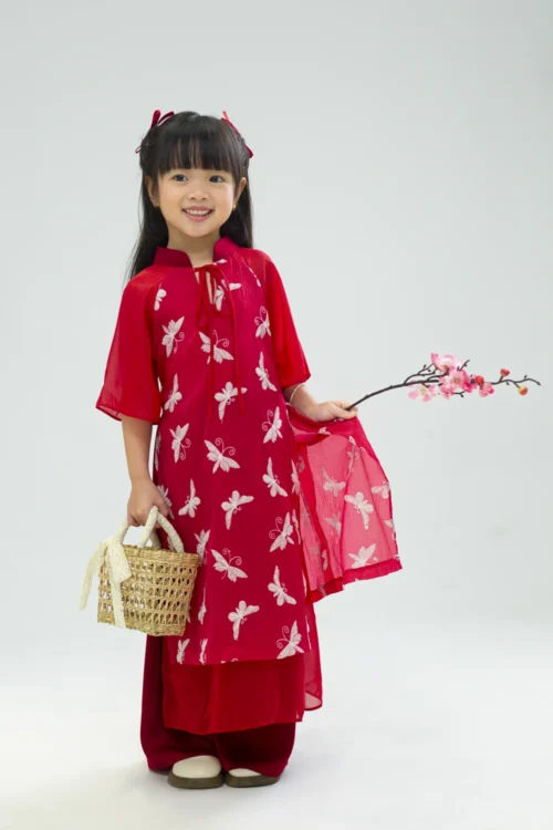 Áo Dài Bé Gái Đỏ Đô Bướm – 24ADLT3011-BURGUNDY